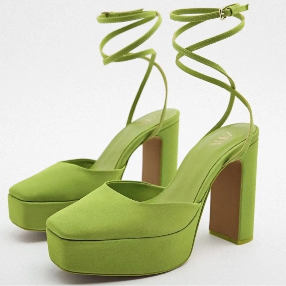 Zara Lime Green Platform Ankle-Tie Heels